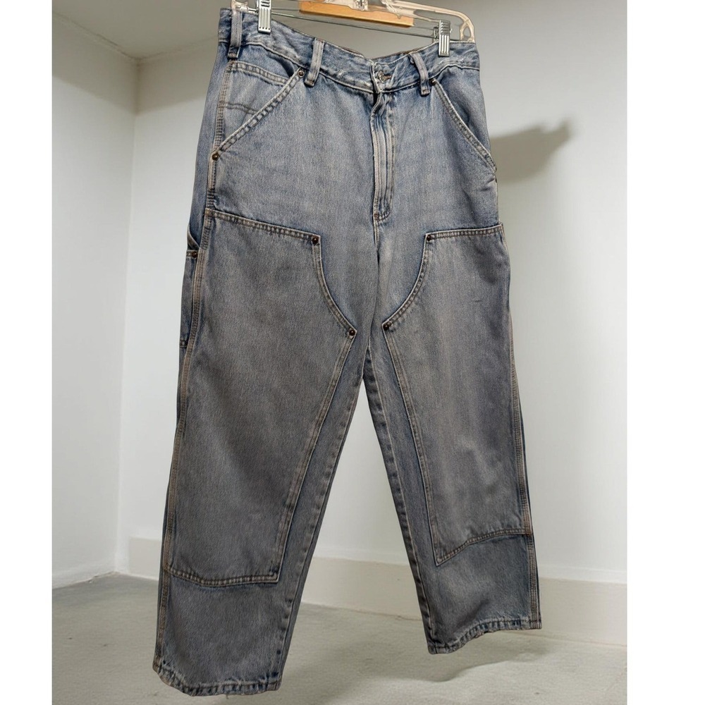 Zara Women's Light Wash Carpenter Style Denim Jeans Distressed Hem Relaxed Fit